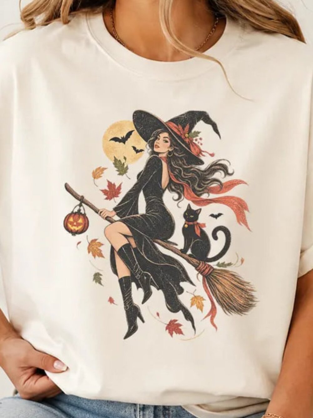 Cute Witch And Cat Shirt, Halloween Tee, Fall Pumpkin Shirt - Picture 1 of 4